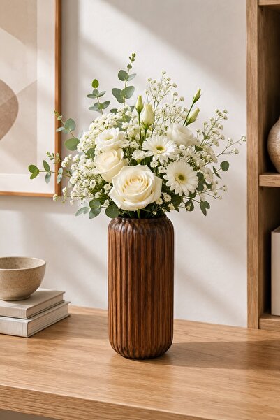 Yumuk Shop Terra Linea Wood Look Ceramic Vase Nordic Modern Bohemian Decorati...
