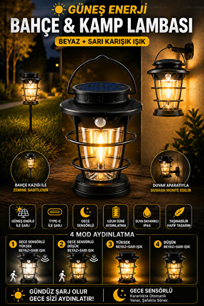 nelerbulurum Şarjlı Güneş Enerjili Gece Sensörlü 4 Modlu Beyaz + Sarı Karışık...