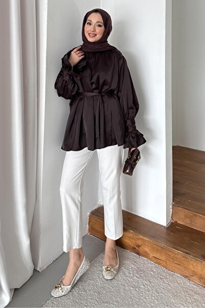 Rimel Moda İpek Kol Detaylı Gömlek Acı Kahve