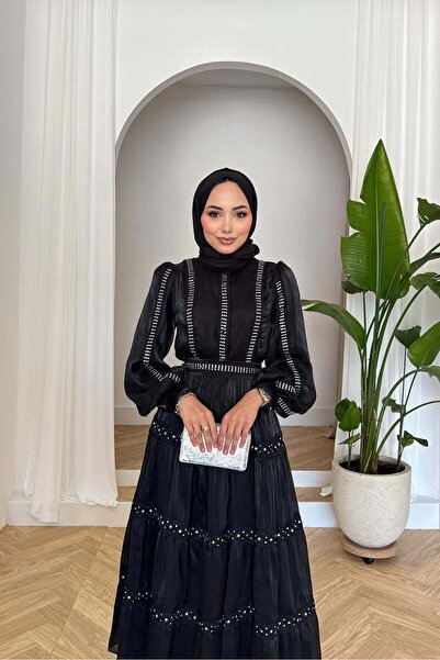 Rimel Moda İnci Detaylı Elbise Siyah
