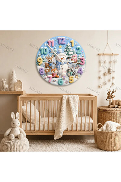 ensaat Winter Snowman and Forest Animals Children's Room Wall Clock Silent Wo...