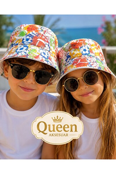 QUEEN AKSESUAR قبعة دلو للأطفال ملونة للجنسين لكرة القدم وكرة السلة والبيسبول...
