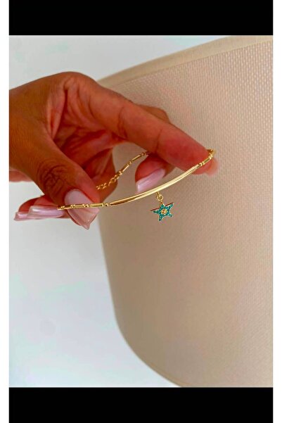 Bade Jewelry FD 14K Gold Mavi Taş Detaylı Yıldız Kararmaz Çelik Şık Halhal