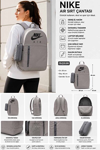 Nike Air Unisex Sırt Çantası Kalem Kutulu 30x46x13 cm Günlük Okul Spor Seyaha...