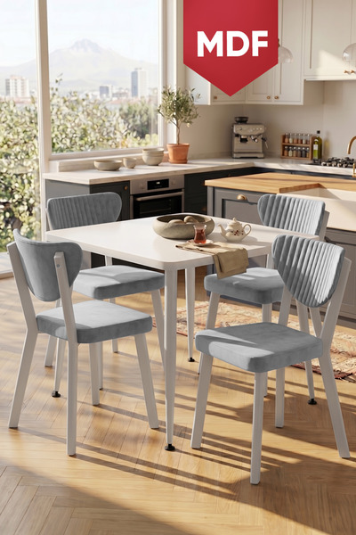Canisa Estro Serisi MDF Sabit 90x90 Beyaz Mutfak Masası Takımı 4 Adet Gri San...