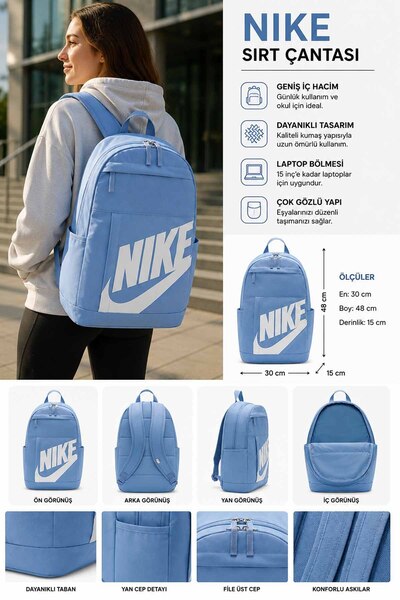 Nike Unisex Backpack and School Bag Light Blue 30X48X15 cm Daily School Sport...
