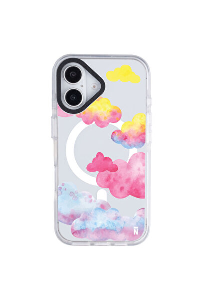 Casen iPhone 16 Yanları Beyaz Magsafe Arty Şeffaf Colorful Bulut Tasarımlı Pr...