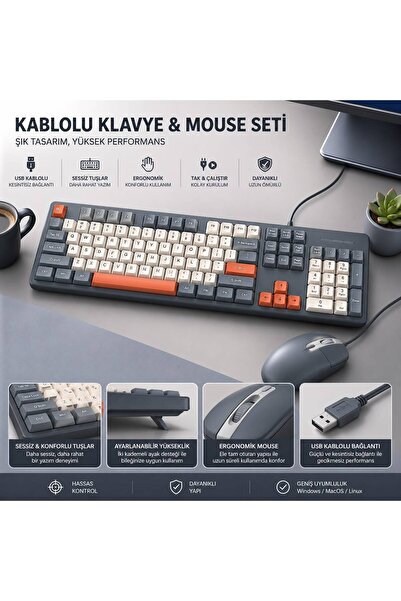 Nomker Kablolu Klavye Mouse Seti USB Q Klavye Windows Mac Linux Uyumlu