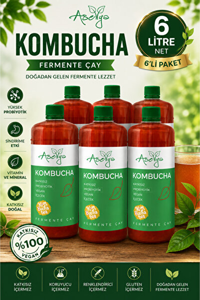 asellya sağlıklı yaşam Kombucha Fermente Çay 6 X 1 Litre | Katkısız, Vegan, P...