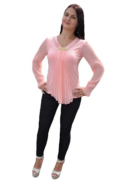 OEM Bluza fashion cu maneca lunga si design de fronseuri, roz pudra