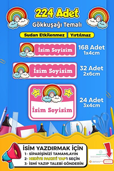 SB store Okul Kreş Kişiye Özel isim Etiket Seti Gökkuşağı Temalı - Model 740