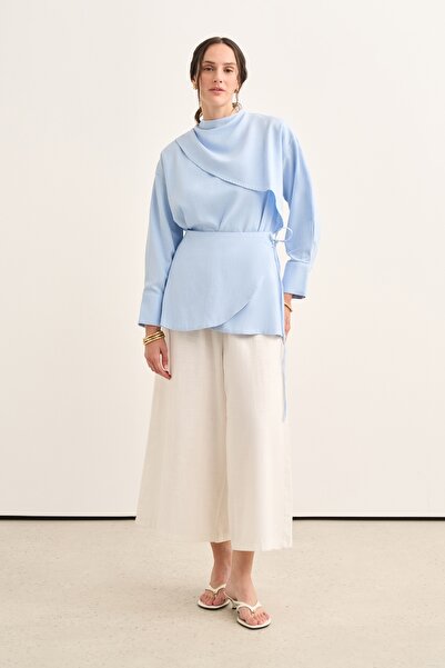 EBU Prive Women's Organic Cotton Shawl Collar Mobile Belt Skirted Blouse Blue