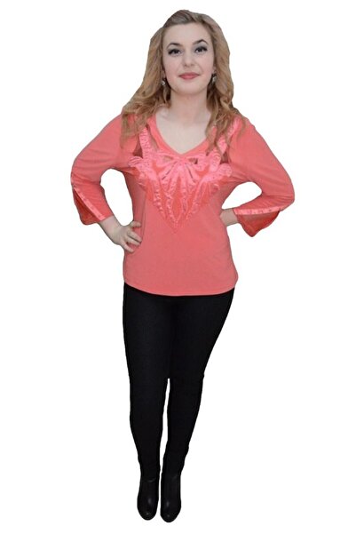 OEM Bluza rafinata, nuanta corai, masura mare, cu insetii tip plasa