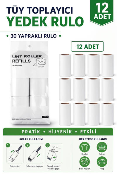 Porsima 3108 Kedi Köpek Tüy Toplayıcı 12 Adet Yedek Rulo 360 Yaprak