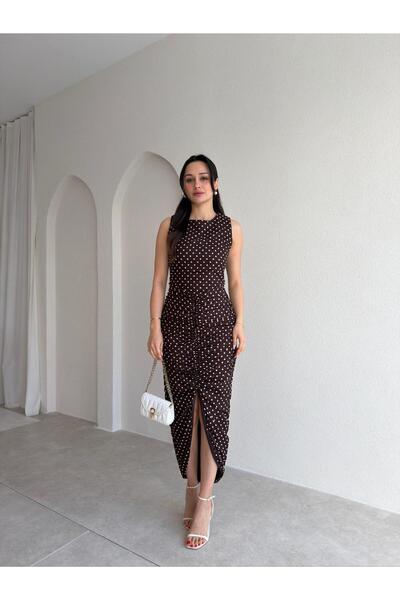 Mooi Butik فستان RAPENS Drapeli منقط 4981 - بني غامق