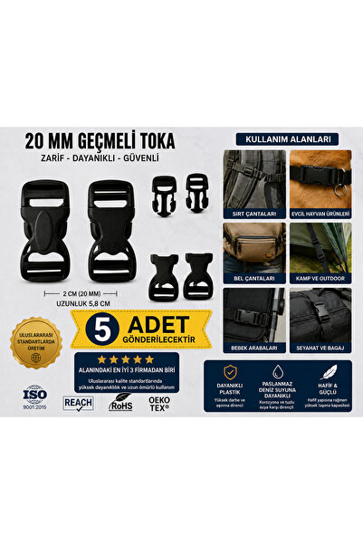 ecottonworks 20 MM ( 2 CM ) Plastik Geçmeli Toka 5'li Paket | Dayanıklı Kilit...
