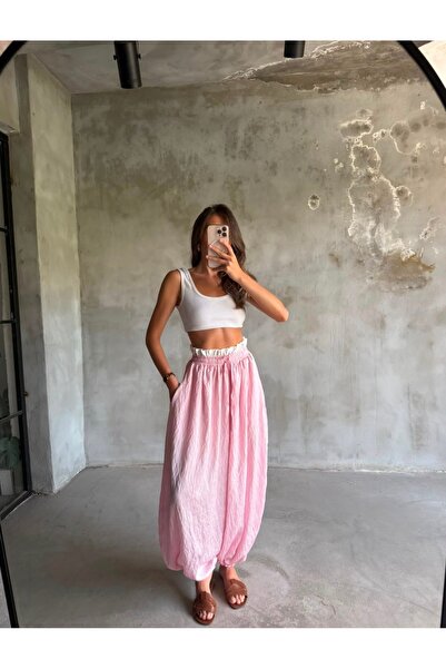 St boutique Pembe Beli Ve Paçası Lastikli Çizgili Şalvar Pantolon