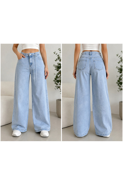 ZDN JEANS Kadın Açık Mavi Yüksek Bel Bol Paça Jean Pantolon – Rahat Kesim Den...