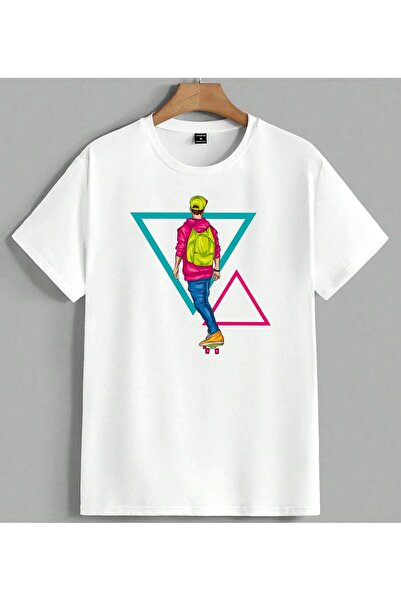 ELFERA Skateboarder Neon Colors Printed Unisex Oversize T-Shirt White