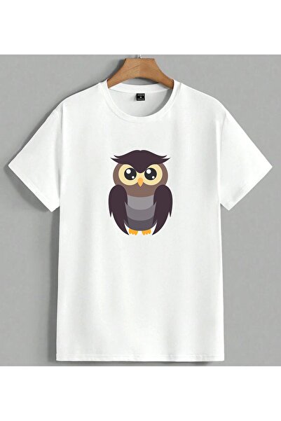 ELFERA Baykus Illustration Brown 2 Printed Unisex Oversize T-Shirt White