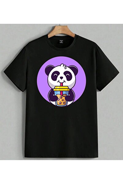 ELFERA Panda Drink Bubble Tea T-shirt majica sa printom, unisex, oversize, crna