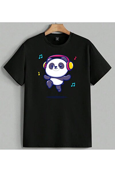 ELFERA Panda Music Slušalice Plesna Tiskana Unisex Oversize Majica Crna