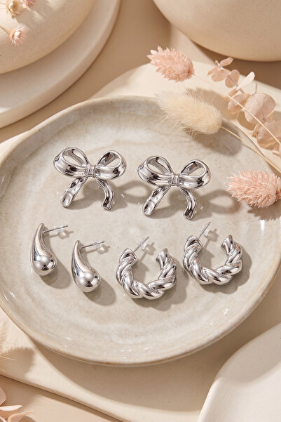 Elika Silver Women's Bow, Drop, Hoop Model Multiple Earring Set