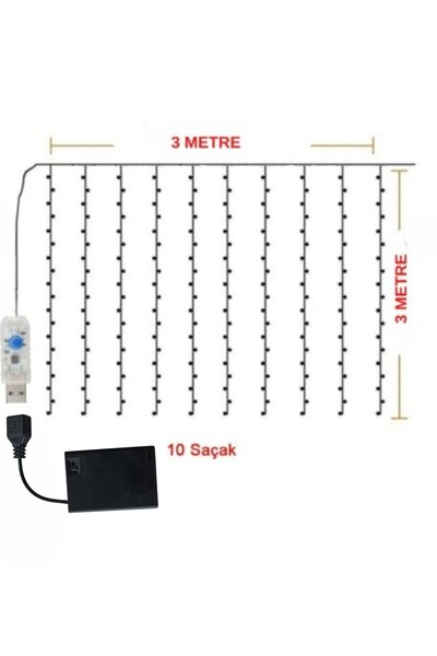 nextbuy Çift Güç Seçeneği (Pil+Usb) Dekoratif Perde Led 3x3 Metre 300 Ledli 10 Sarkıt Uzaktan Kumandalı 8 Mod Animasyon Led Işık Süsleme
