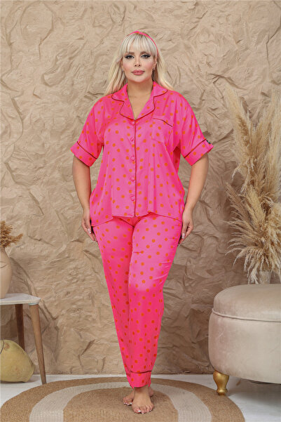 COCCOLARSI Palline Colorate Fuşya Saten Kısa Kol Pantolon Pijama Takımı (Büyü...