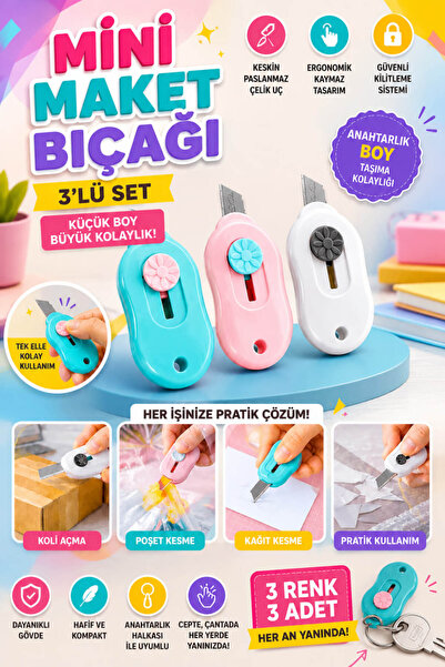 Anadolu Saray 3'lü Mini Maket Bıçağı Seti Anahtarlık Boy Küçük Falçata Koli v...