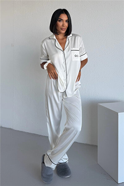 COCCOLARSI Essenza Notte Beyaz Saten Kısa Kol Pantolon Pijama Takımı