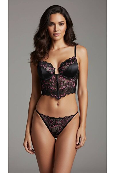 GEMA MODA Women's Black Floral Lace Detailed Bustier Satin Underwire Corset B...