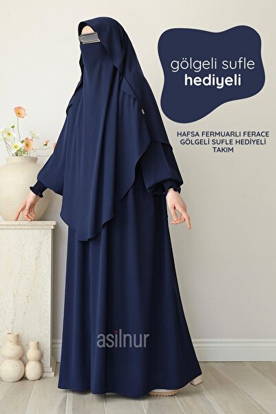 ASİLNUR طقم هافسا بسحّاب وغطاء رأس وشال وسُفَلّة هدية باللون الأزرق الداكن