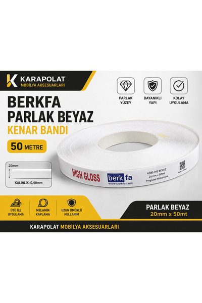 KARAPOLAT Berkfa Parlak Beyaz Kenar Bandı 20mm x 50 Metre Ütü ile Yapışan Mel...