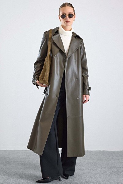 Olcay Leather Trench Coat with Cape Detail and Snap Closure Haki̇ 6875