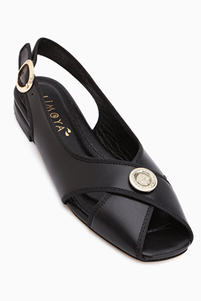 Limoya Sarah Genuine Leather Black Cross-Strapped Short Heeled Women's Sandals