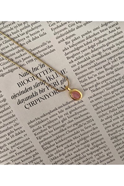 Xui Yeni Sezon Pembe Kedi Gözü Gold Kolye/Oval Pembe Taşlı Kolye