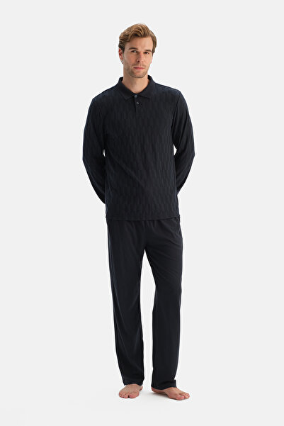 Dagi Navy Blue Polo Collar Long Sleeve T-Shirt and Pants Set