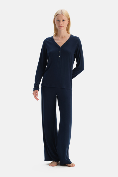 Dagi Navy Blue Viscose Camisole T-Shirt Pants Set