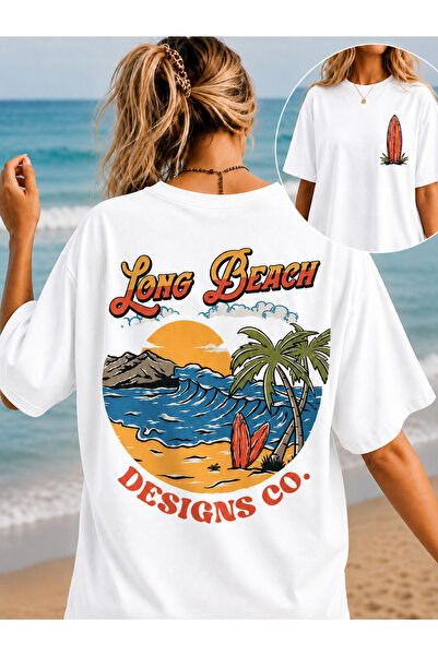 VODEXA Women's Oversize T-Shirt Long Beach Printed 100% Cotton T-Shirt Comfor...