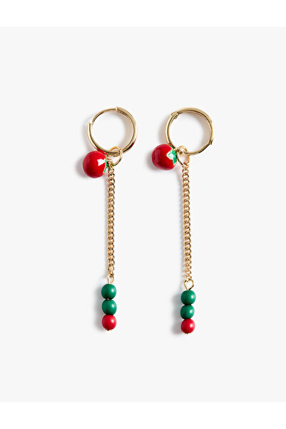 Koton Chain Detailed Beaded Steel Mixed Strawberry Charm Dangle Hoop Earrings