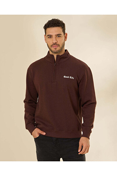REDTAG Men Burgundy Printed Quarter Zip Sweatshirt