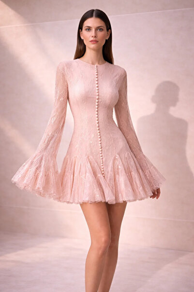2TRENDY Petals Dress Women's Short Pink Lace Dress Long Flared Sleeves