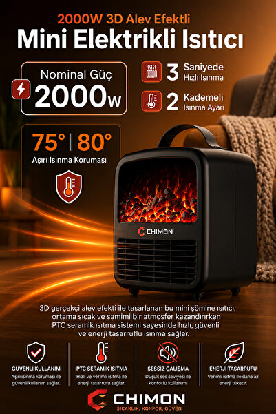 chimon Elektrikli Şömine Sıcak Hava Fanlı Isıtıcı | Taşınabilir Masaüstü Mini...