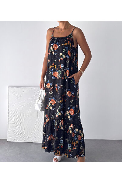 YUSUF CAN KARATAŞ KARATAŞ GİYİM Women's Black Floral Patterned Viscose Maxi D...
