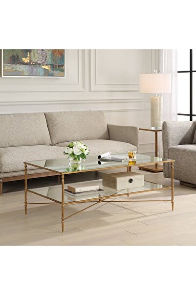 UTTERMOST طاولة قهوة مستطيلة ذهبية اللون من هينزلر مقاس 121 سم عرض × 48 سم ار...