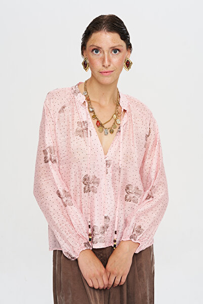 Orfeo Negro Women's V-Neck Lace-Up Floral Patterned Shirt-Blouse
