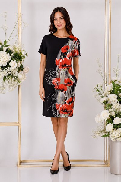 OEM Rochie de zi,Agace ,imprimeu cu maci,nuanta de negru