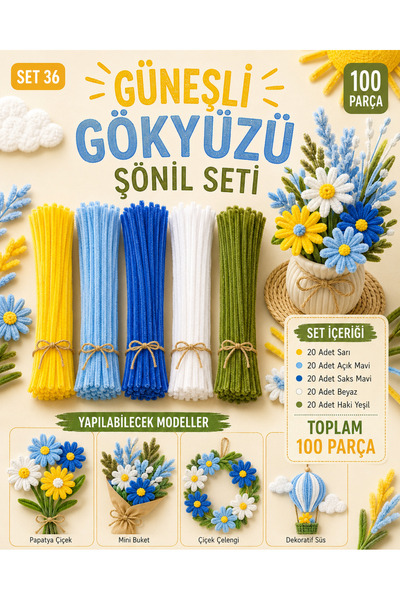 Mega Marketing 100 Adet Şönil – Güneşli Gökyüzü Seti – Sarı, Açık Mavi, Saks ...