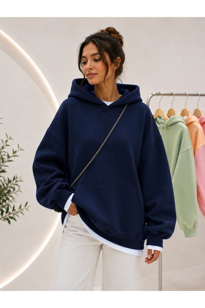 MOONBULL Kadın 3 İplik Şardonlu Kanguru Cepli Kapüşonlu Sweatshirt